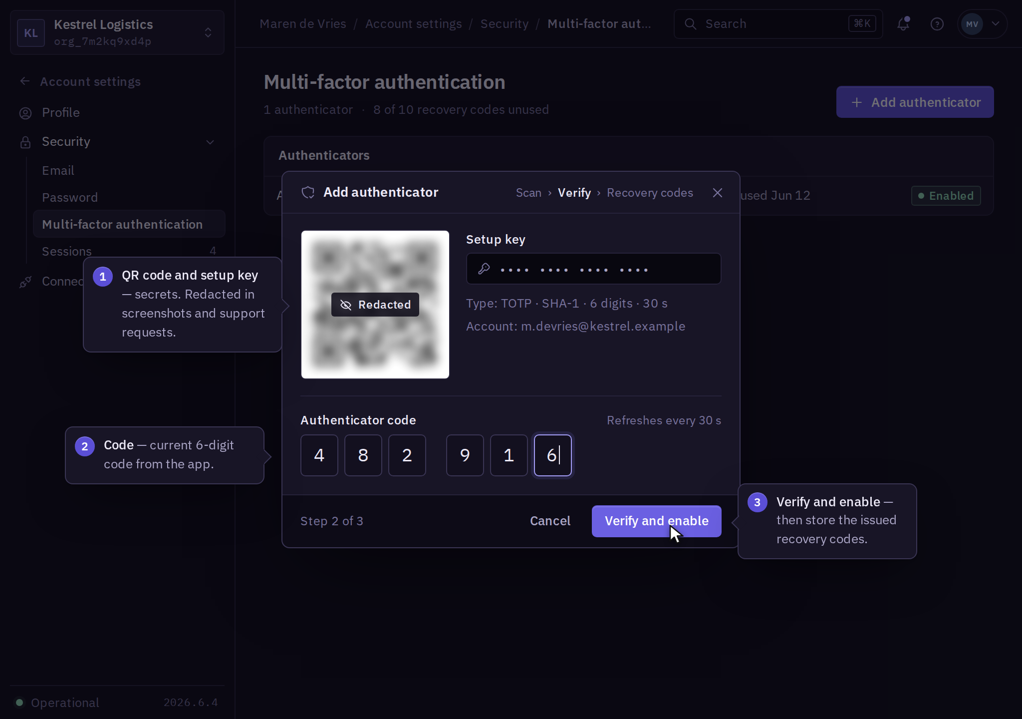 Add authenticator dialog at the verify step, with the QR code and setup key redacted, a six-digit code entered, and the Verify and enable button.