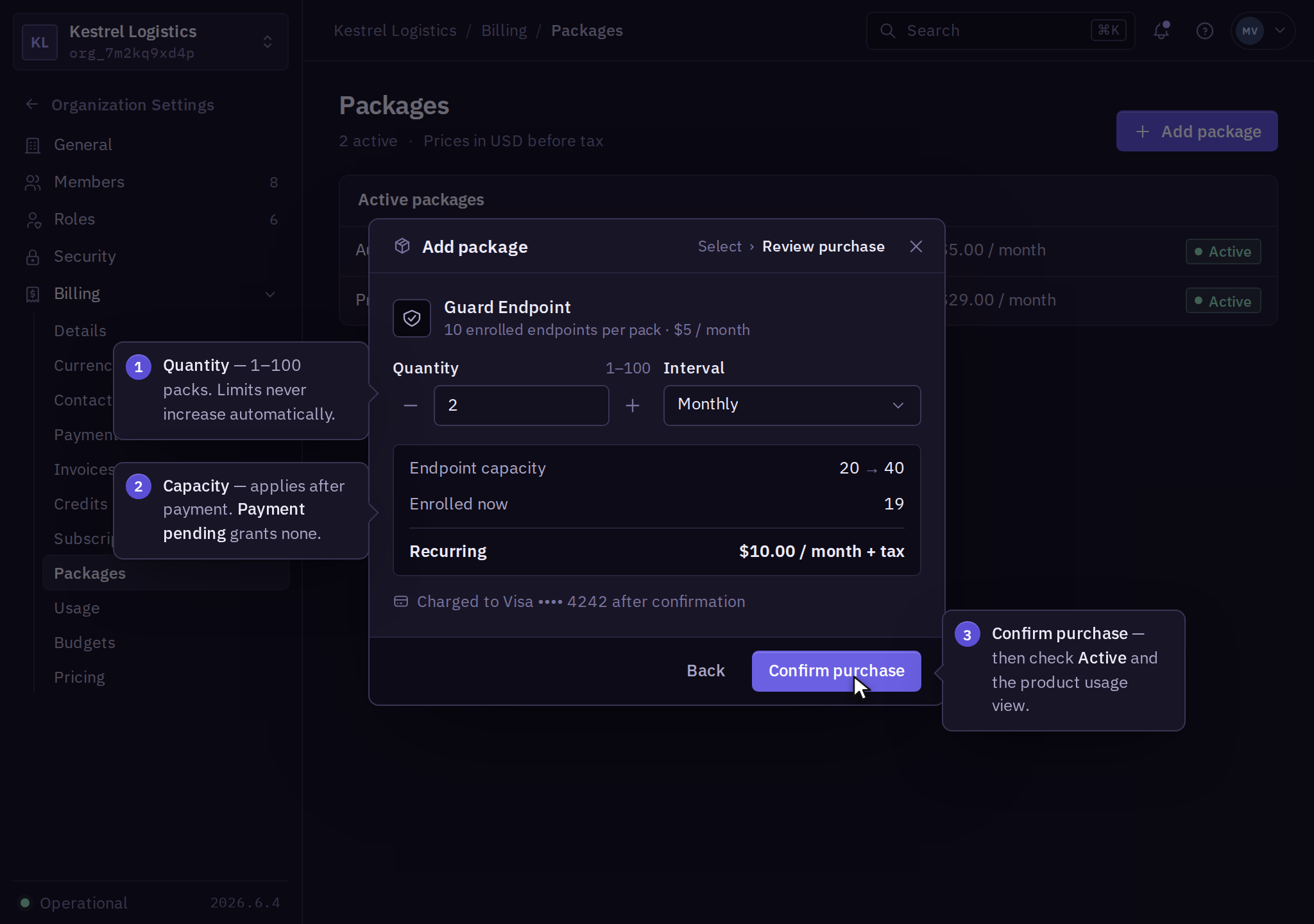 Add package dialog at Review purchase for two Guard Endpoint packs billed monthly, showing the resulting endpoint capacity and recurring price, with Confirm purchase.