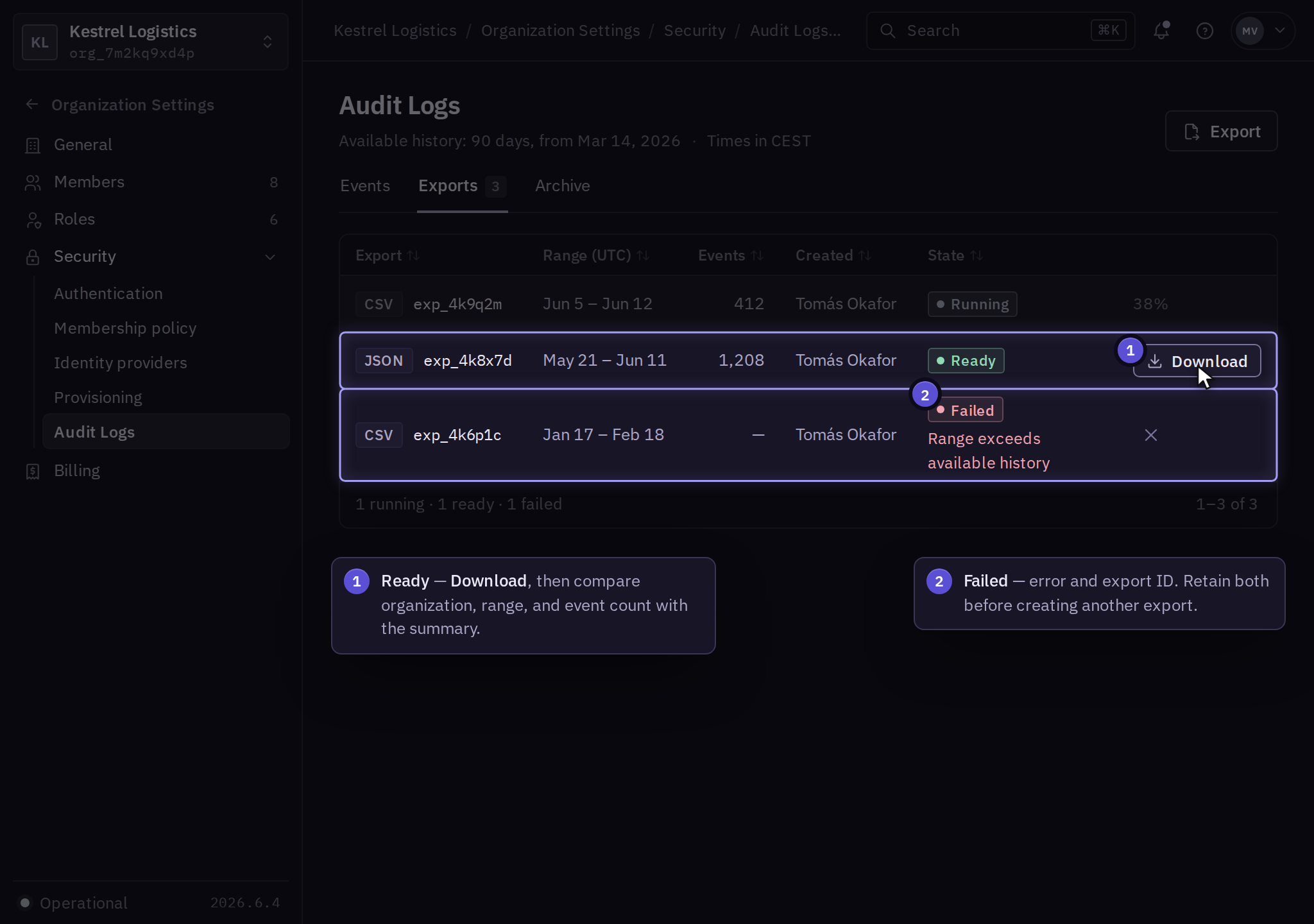 Exports tab with a running CSV export, a Ready JSON export with its event count and Download button, and a Failed export whose range exceeds available history.
