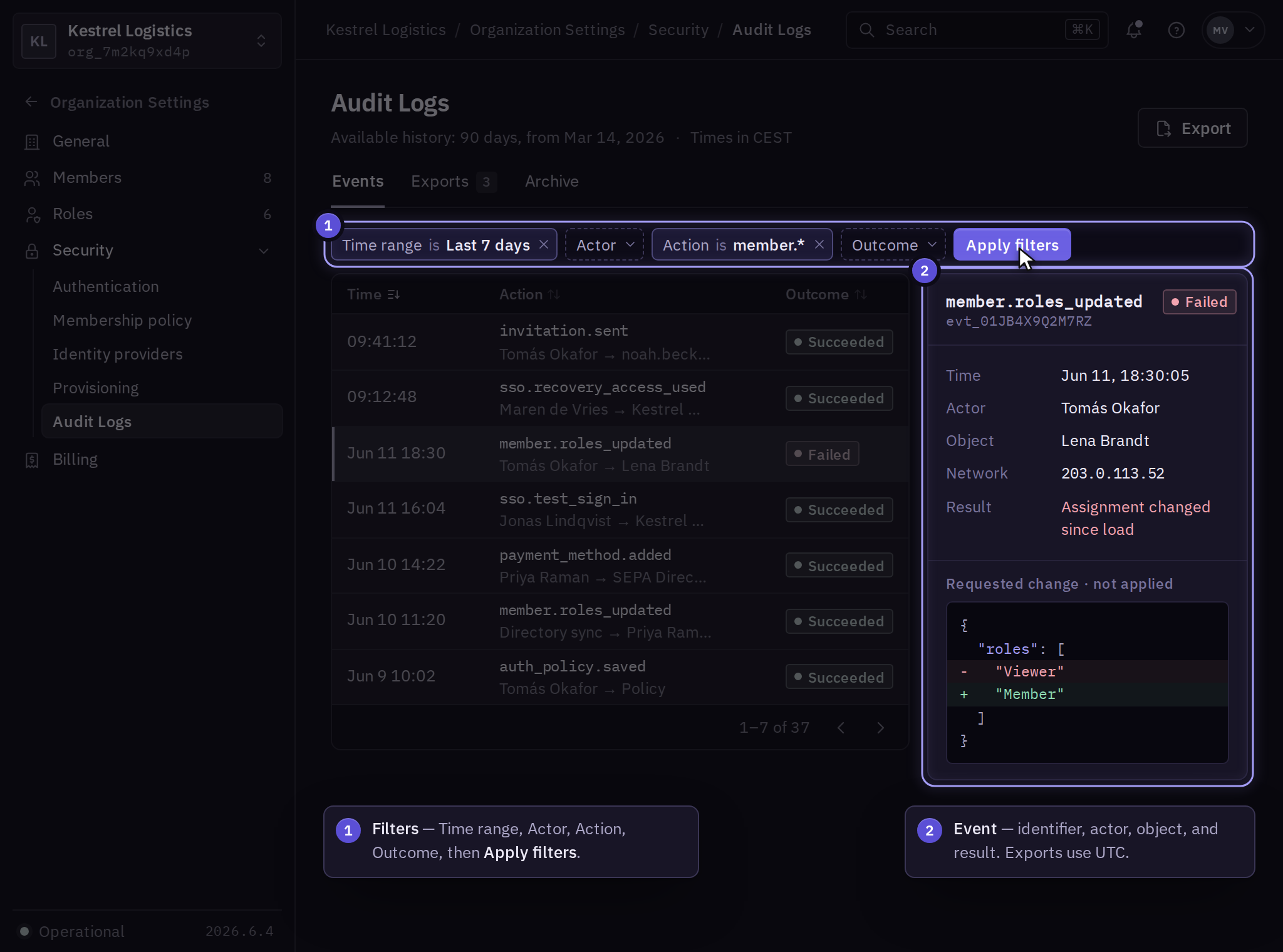 Audit Logs with Time range, Actor, Action, and Outcome filters, an event table, and an inspector for a failed role update showing its identifier, actor, network, and requested change.