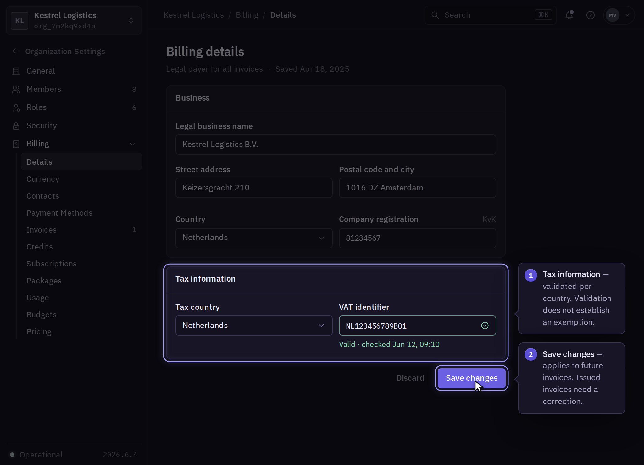 Billing details form with the legal business name, registered address, company registration, and a Tax information section where the Dutch VAT identifier shows as valid, with Save changes.