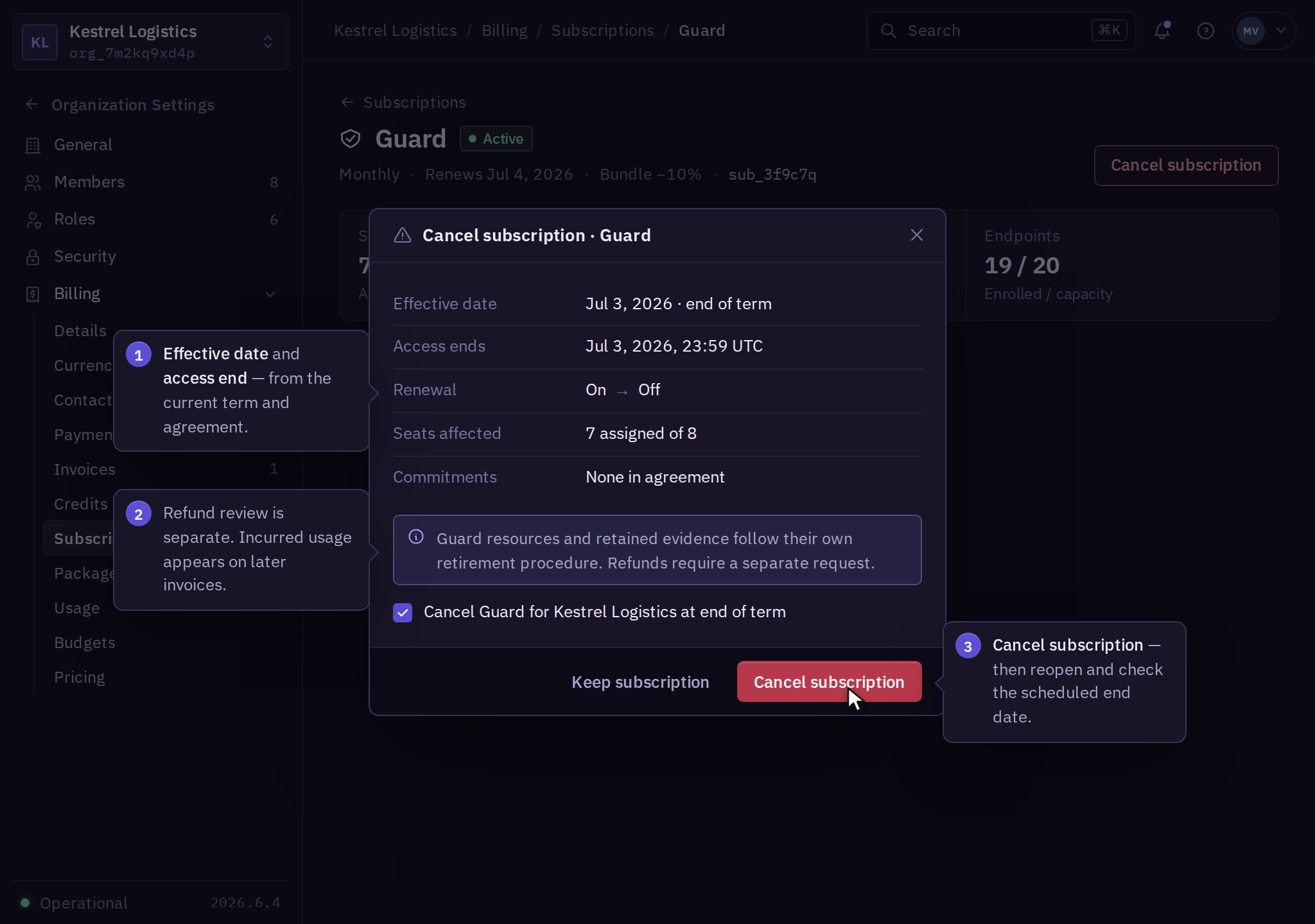 Cancel subscription review for Guard with the effective date, access end, renewal state, assigned seats, remaining commitments, and the Cancel subscription button.