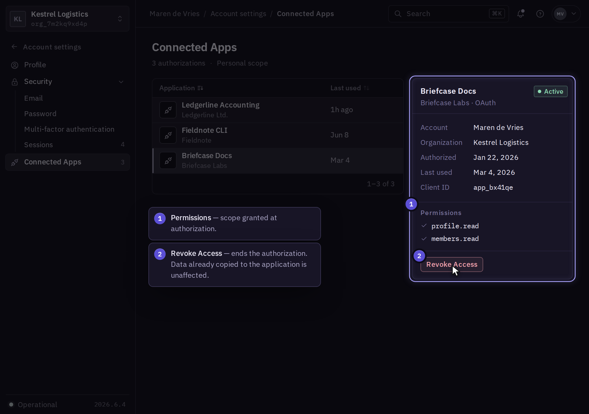 Connected Apps list with three authorized applications and an inspector for Briefcase Docs showing publisher, organization, permissions, last use, and Revoke Access.