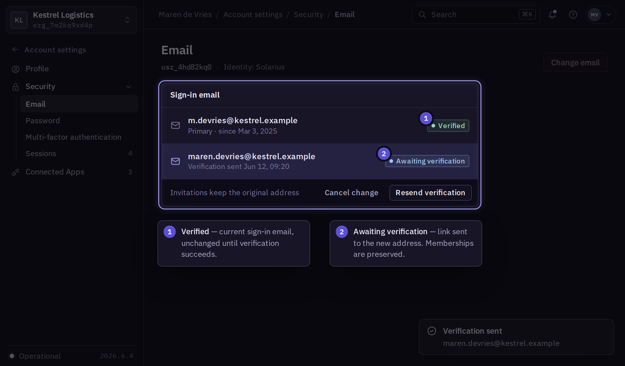 Email settings with the current sign-in email marked Verified and a new address awaiting verification, with Resend verification and Cancel change.