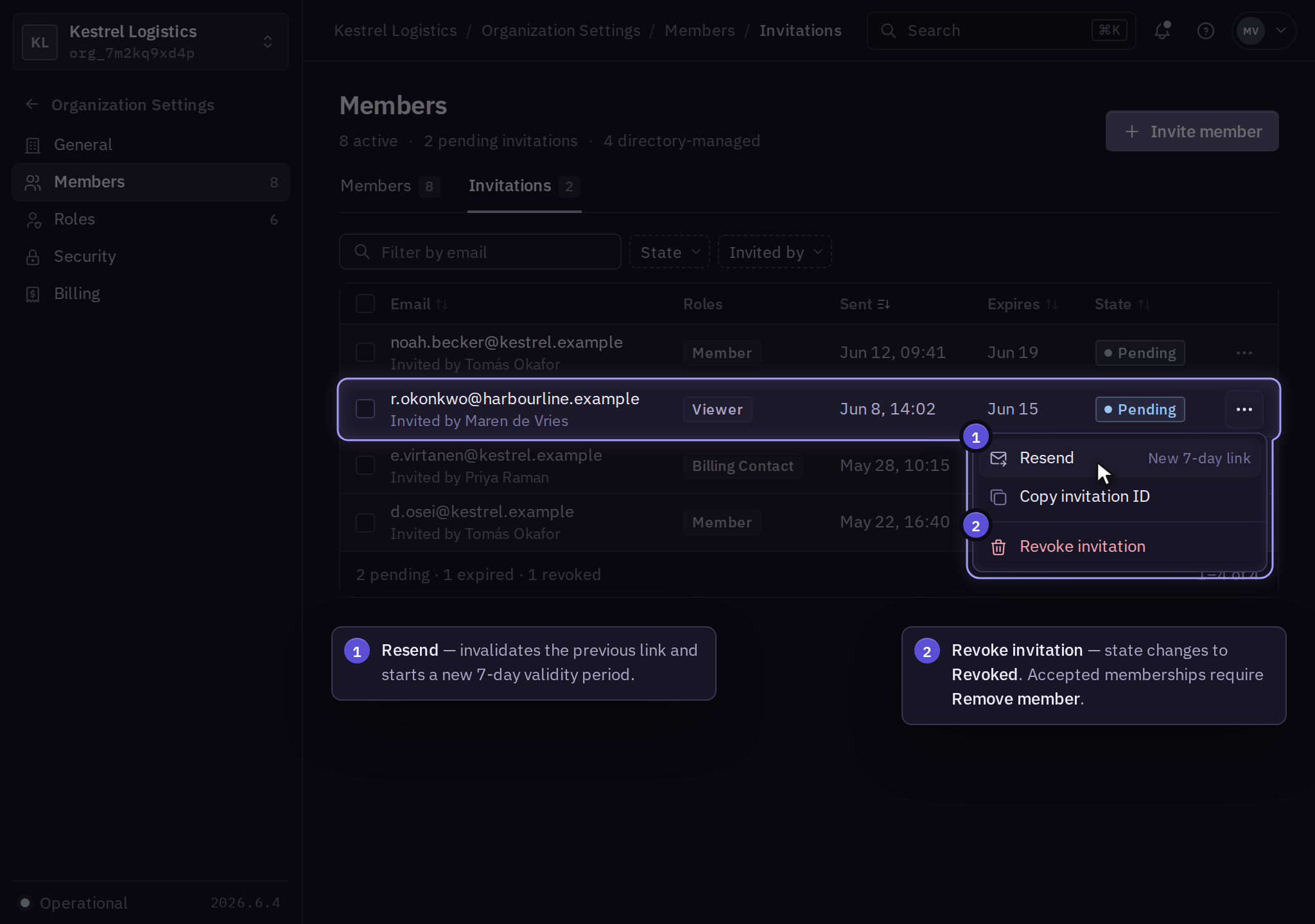 Invitations tab with pending, expired, and revoked invitations, and the invitation menu open with Resend and Revoke invitation.