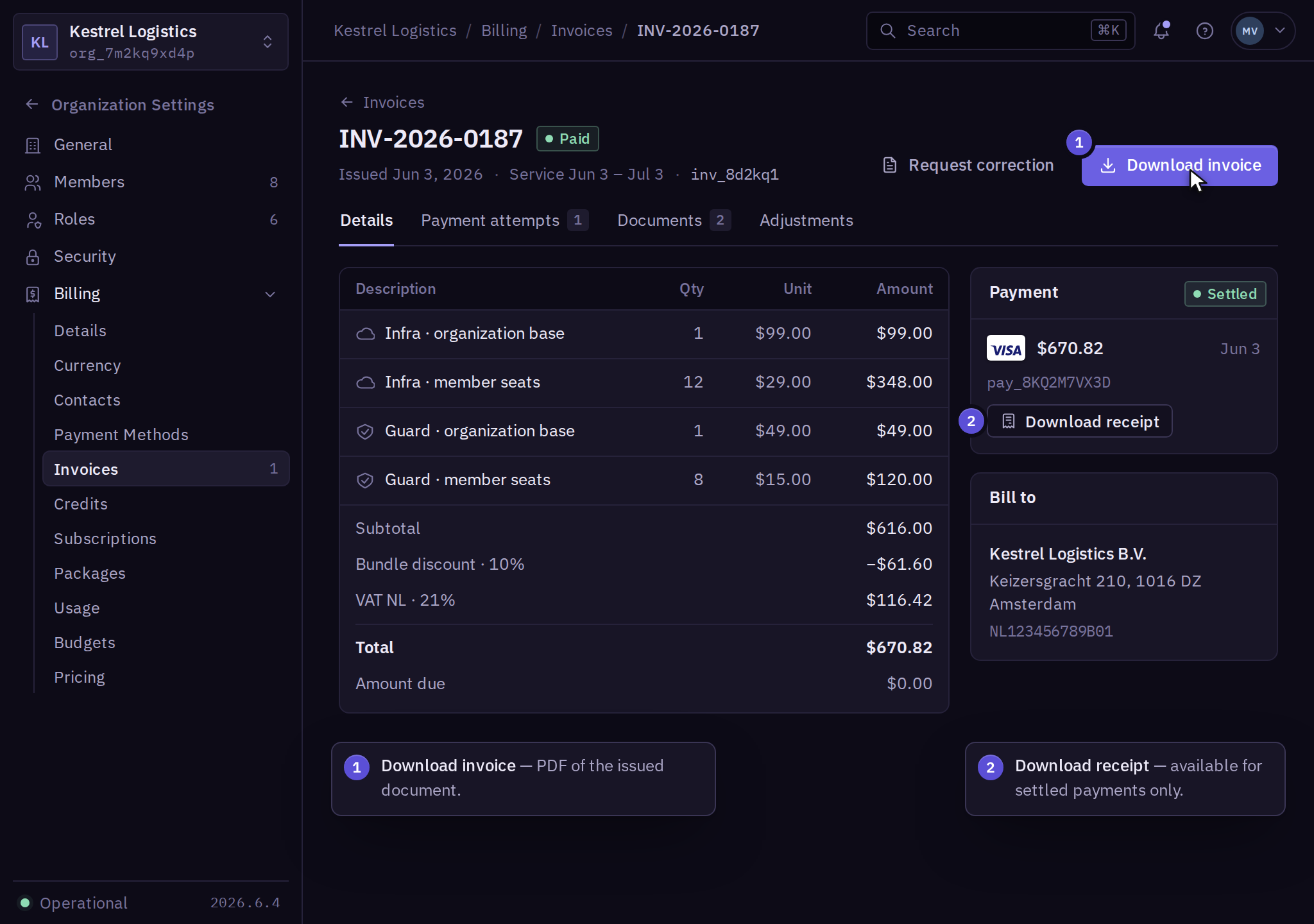 Paid invoice INV-2026-0187 with service period, line items, bundle discount, VAT, and total, a settled card payment with Download receipt, and the Download invoice button.