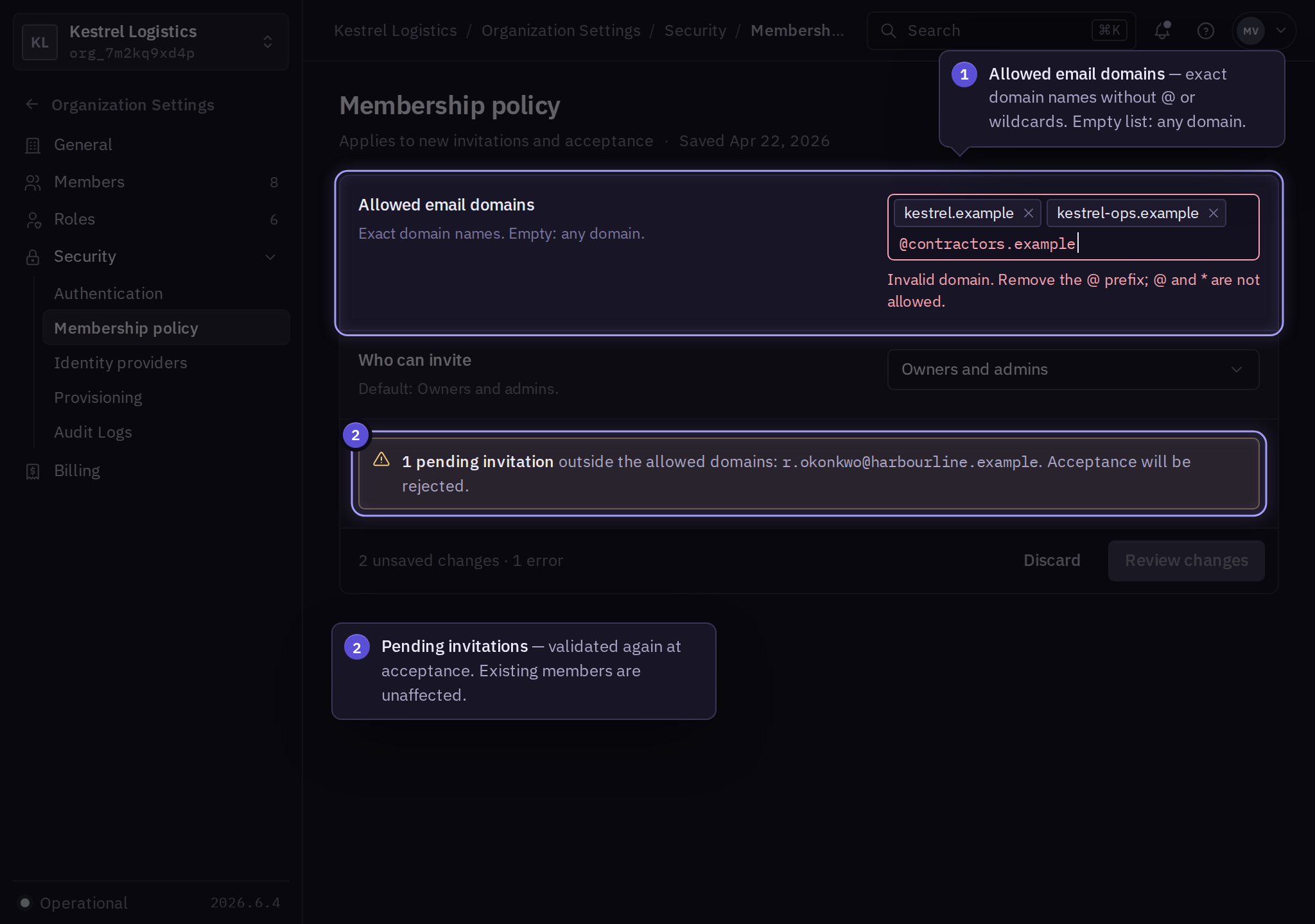 Membership policy with two allowed email domains, a rejected entry with an @ prefix, Who can invite set to Owners and admins, and one pending invitation outside the allowed domains.