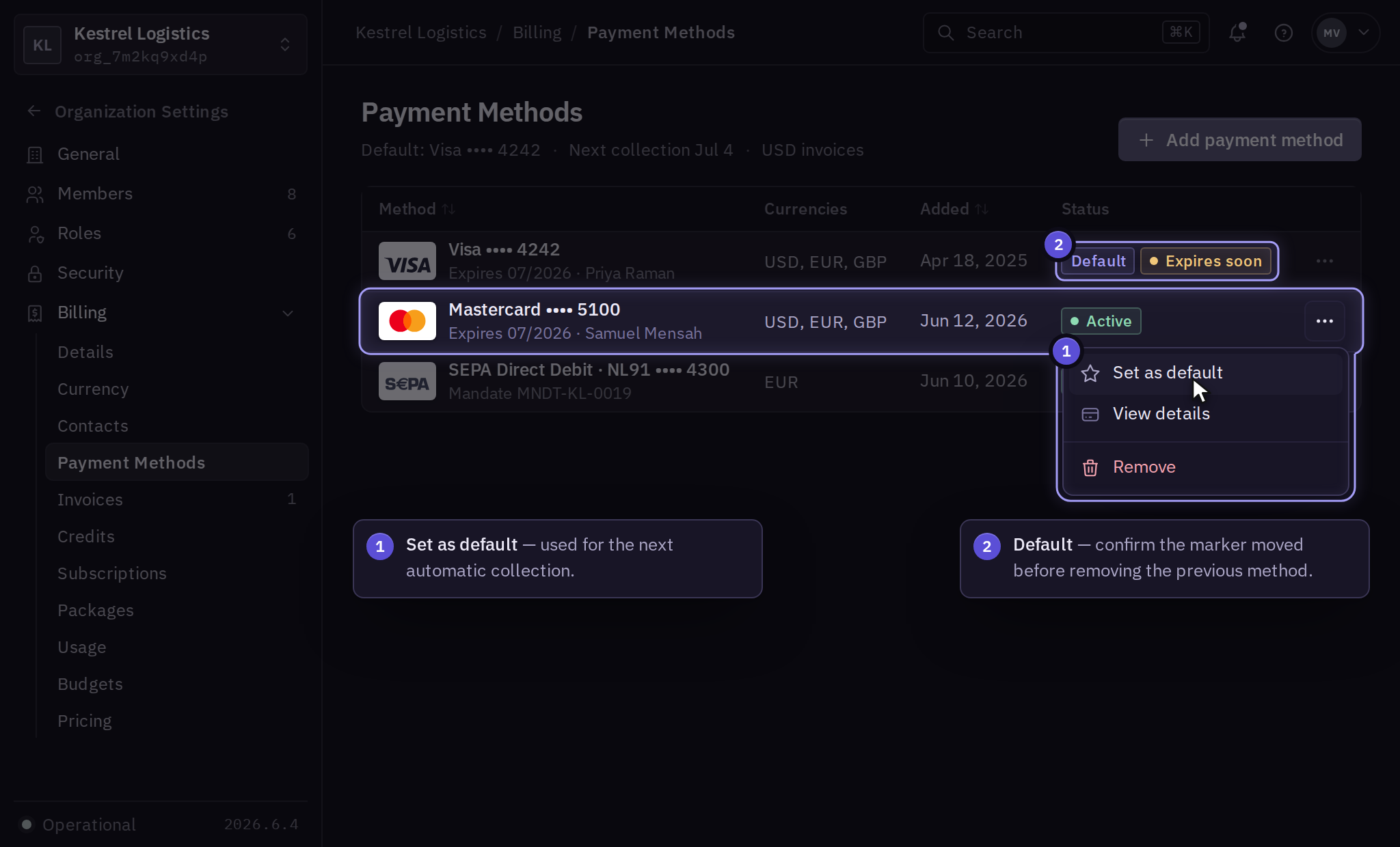 Payment Methods with a default Visa card that expires soon, a new active Mastercard whose menu is open on Set as default, and a verified SEPA Direct Debit mandate for EUR invoices.